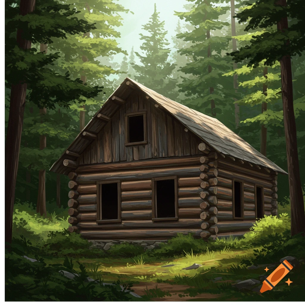 An illustration of a log cabin nestled in a dense evergreen forest