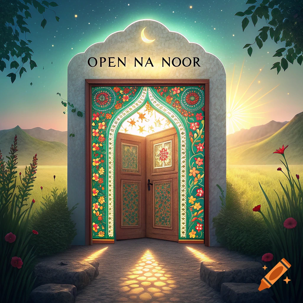 A stylized, ornate doorway opens to a luminous landscape under a starry night sky with a crescent moon.