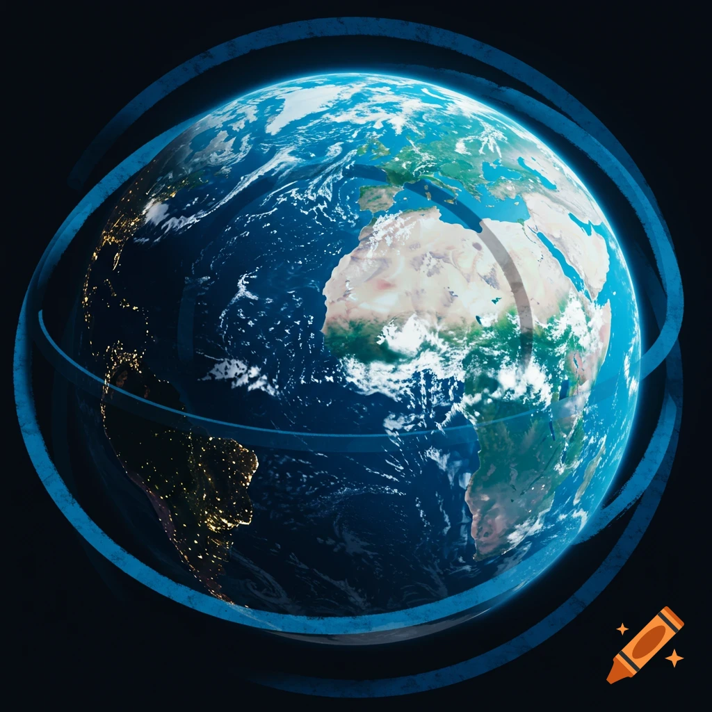 View of Earth from space with blue rings orbiting it.
