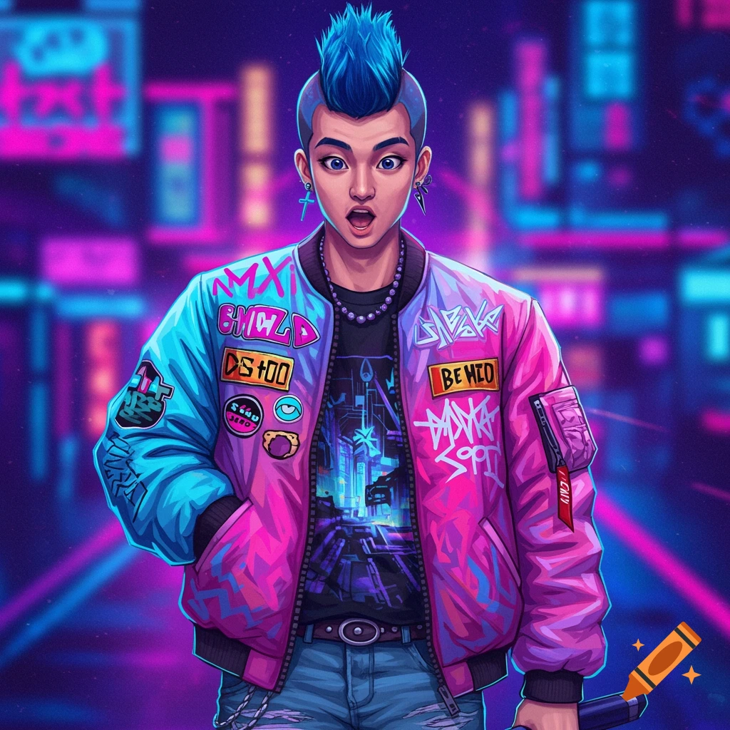 Illustration of a person with blue spikey hair in a colorful cyberpunk jacket standing in a neon-lit city street.