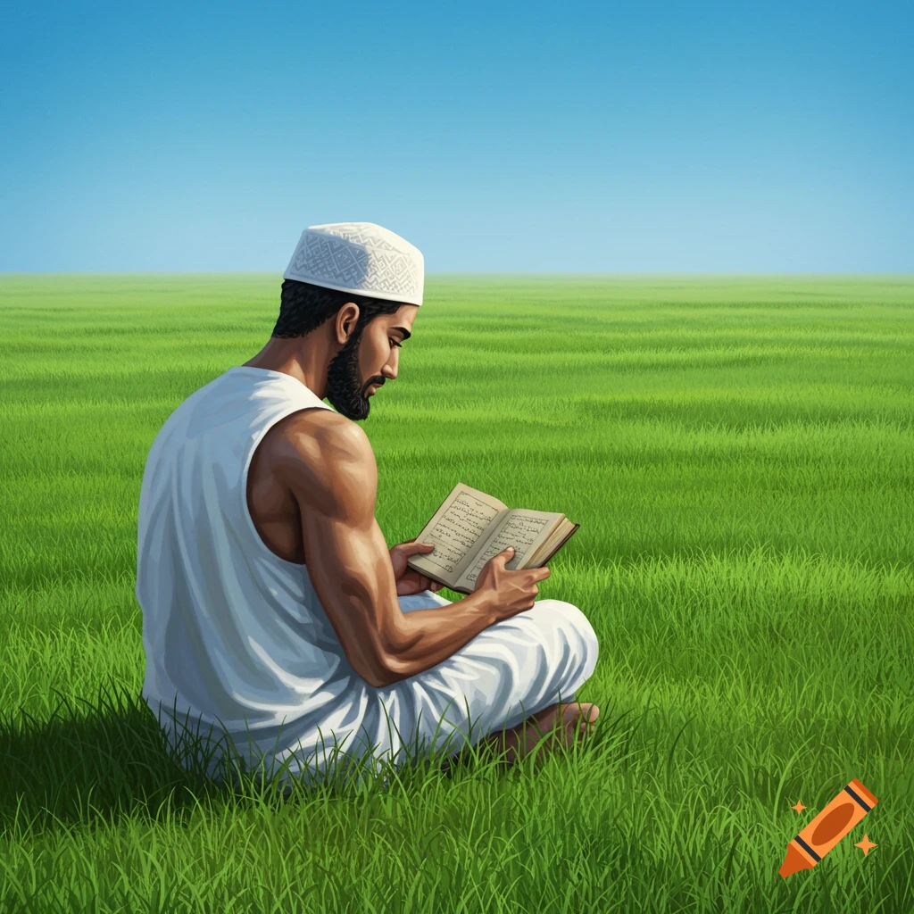 A Muslim man sits cross-legged in a green field, reading a book under a clear blue sky.
