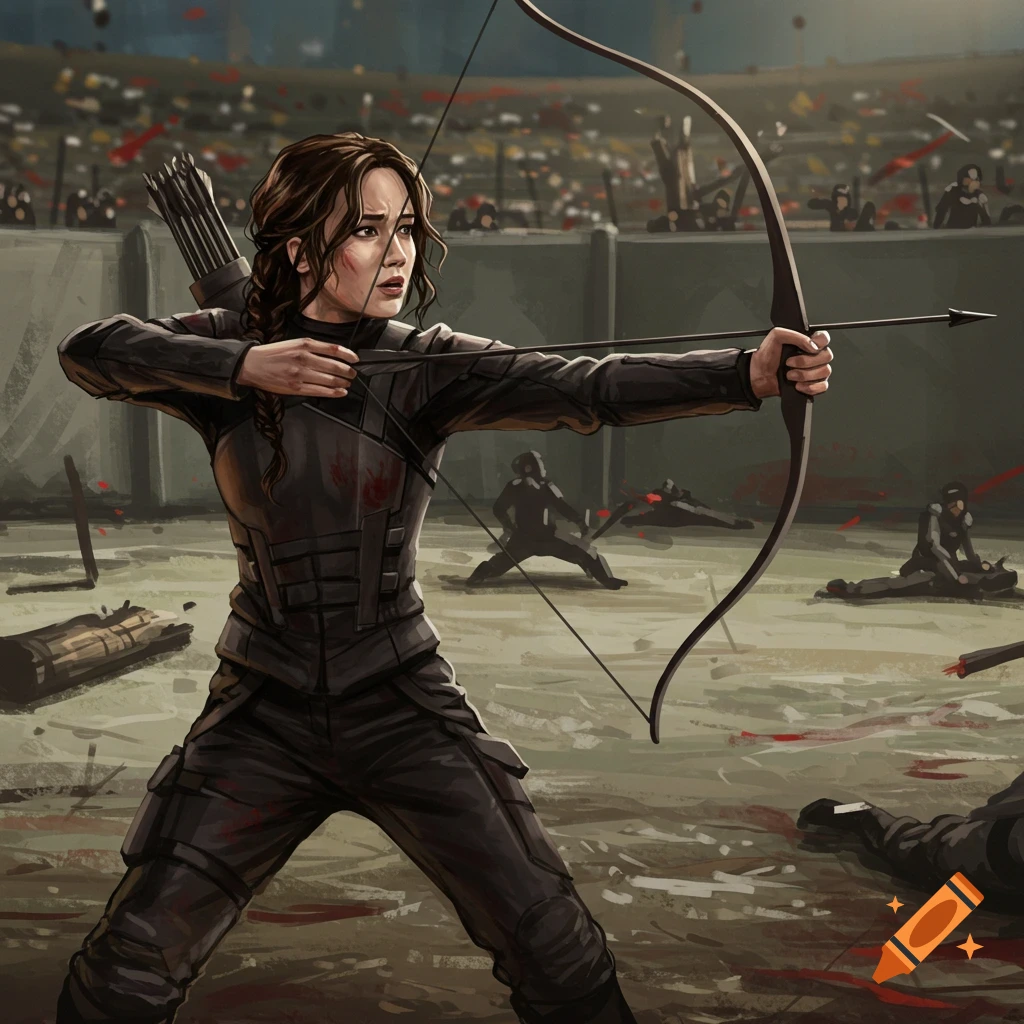 Woman with bow and arrow in a bloodied arena with fallen figures, illustration
