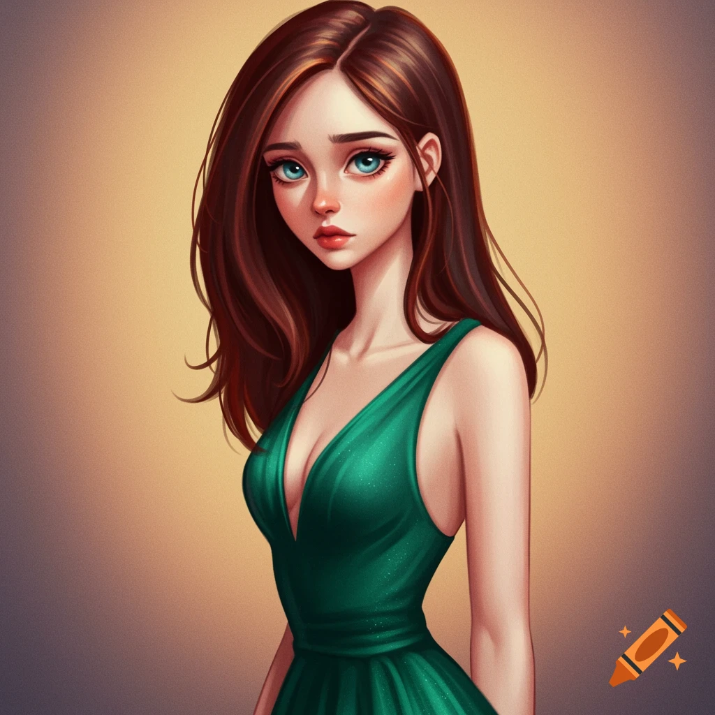 Stylized illustration of a woman in a sparkly green dress.