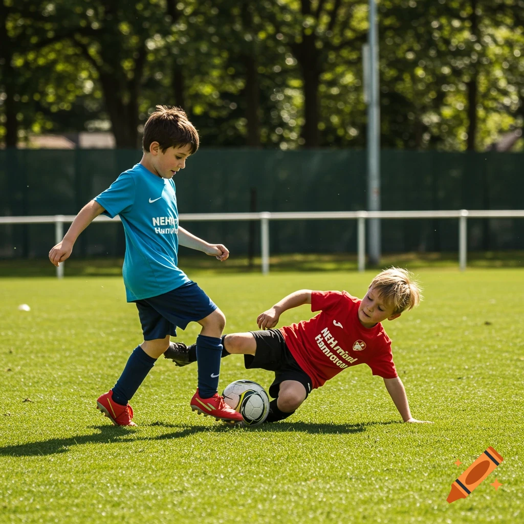 Two young boys play soccer on a field, one dribbling while the other slides or falls near the ball. Photorealistic.