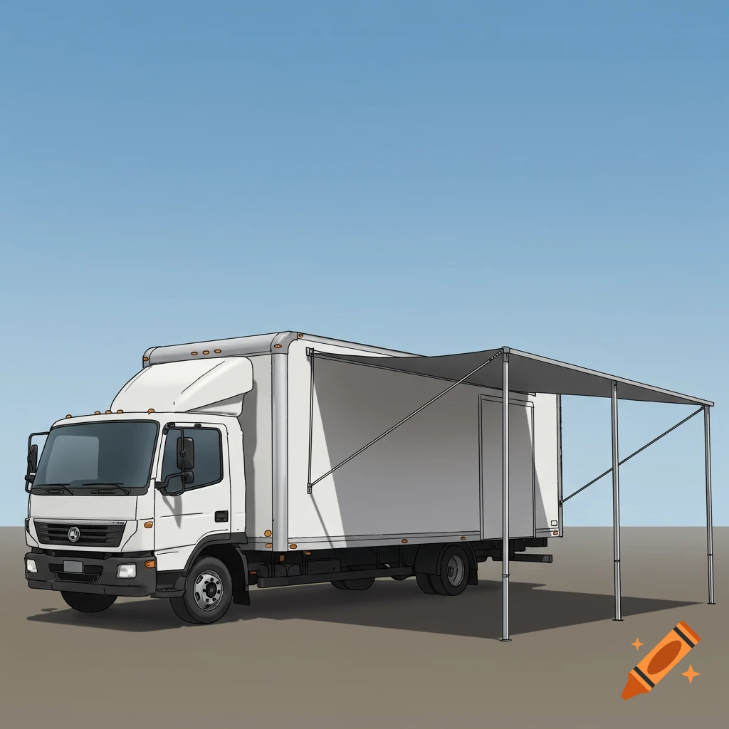 White box truck with a grey awning extended behind it, forming a covered area. Illustration style.