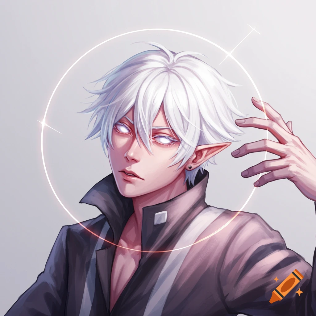 Anime portrait of a character with white hair, glowing white eyes, elf ears, dark jacket, and a glowing halo.