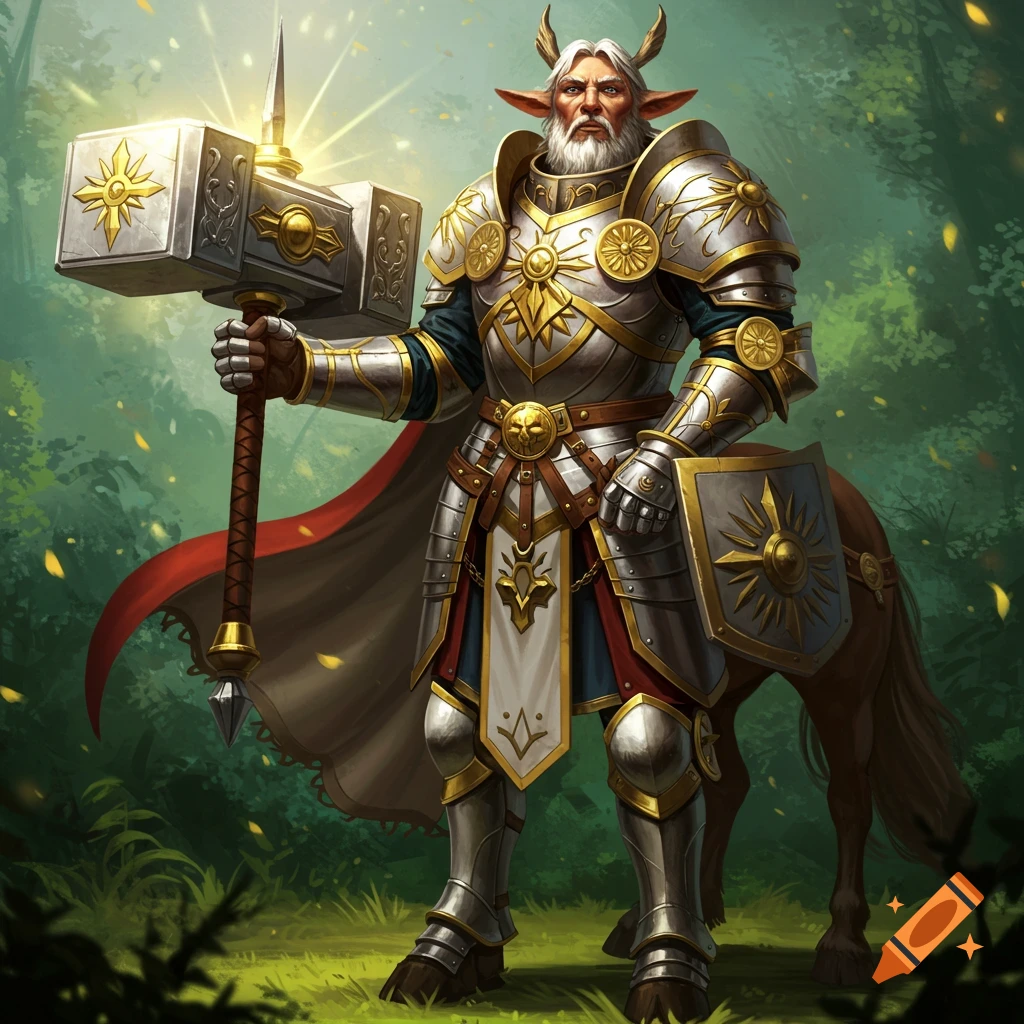 A centaur paladin in ornate silver and gold armor holds a large warhammer and shield in a forest.