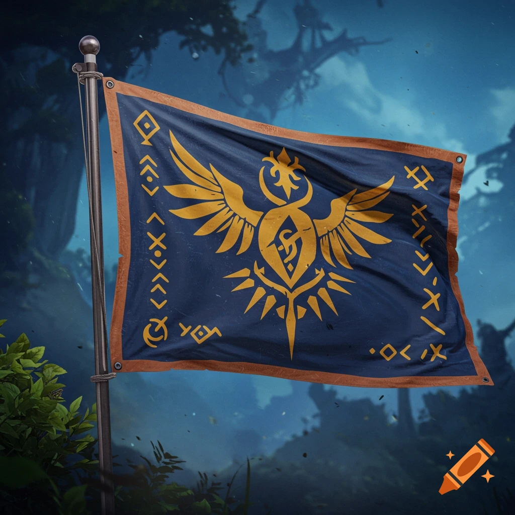 A blue flag with a golden winged symbol and runes on a pole in a misty fantasy forest.