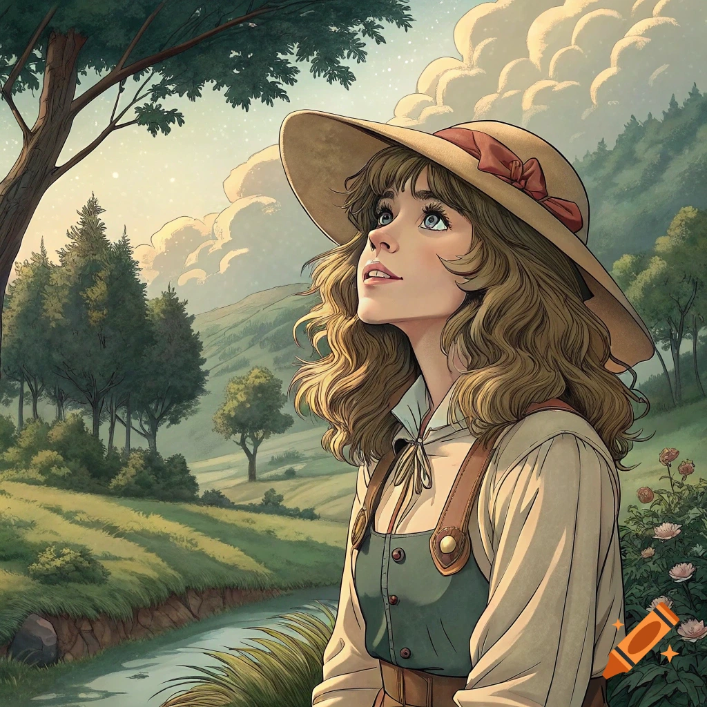 Woman in a hat and overalls looking up in a Ghibli-style countryside landscape.