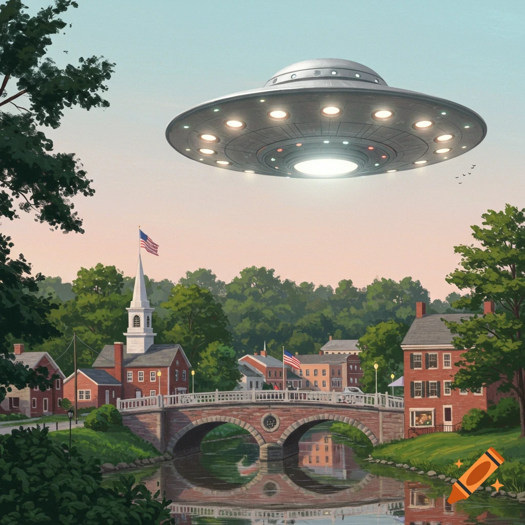 An illustrative painting of a flying saucer hovering over a quaint town with a river and bridge.