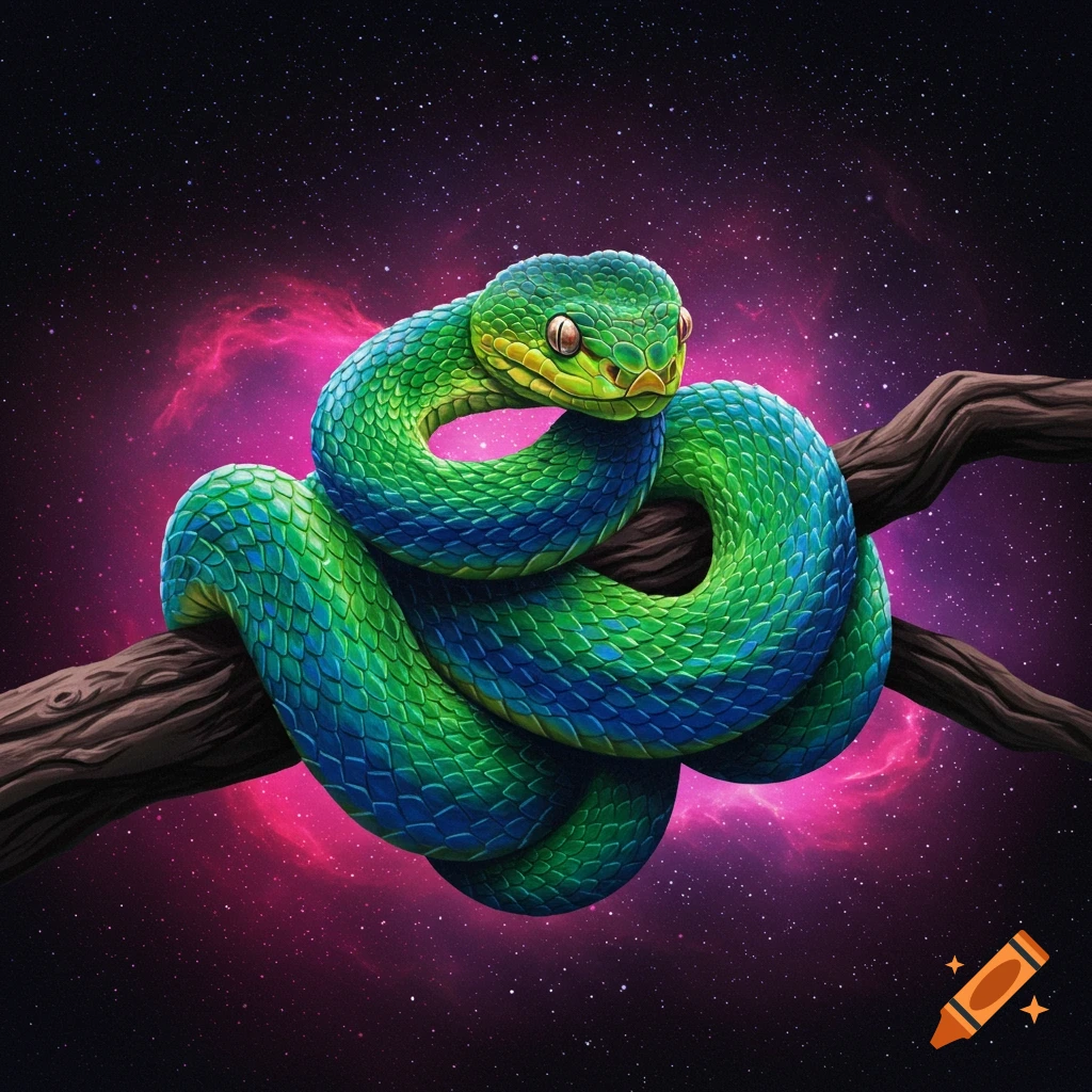 Illustrative green and blue snake coiled on a branch in front of a starry space background with a pink nebula.
