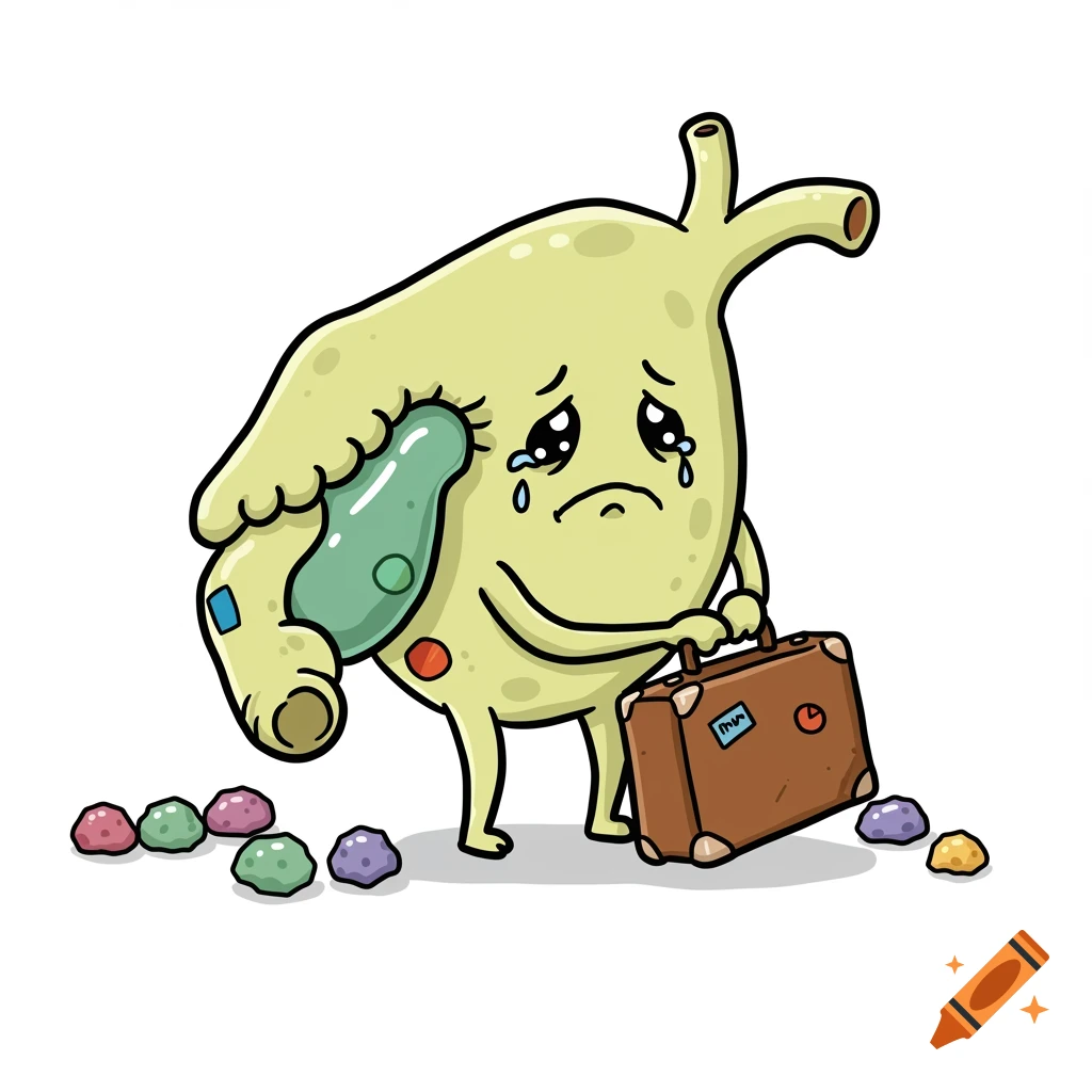 A sad cartoon gallbladder character holds a suitcase near colorful stones.