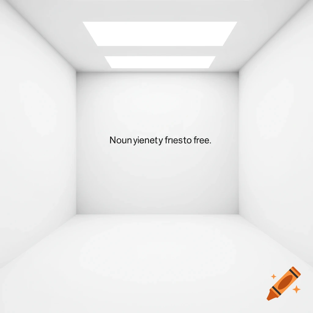 An empty white room with text on the back wall and bright ceiling lights.