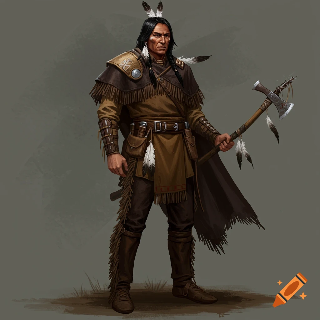 Illustration of a Native American man in traditional clothing holding a tomahawk.