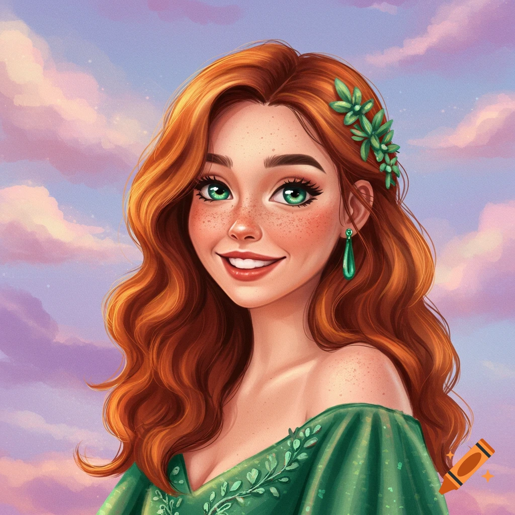 Portrait illustration of a red-haired woman with freckles and green eyes wearing a green dress, against a cloudy sky.