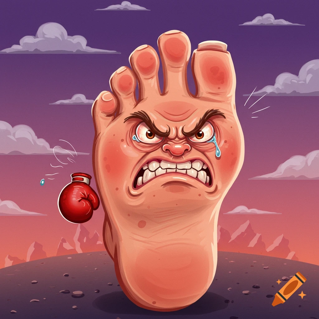 Cartoon illustration of an angry foot character with a boxing glove on a hill