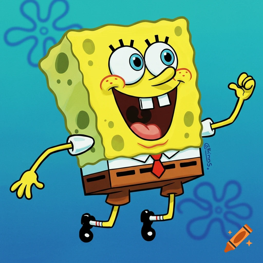 Illustration of a smiling Spongebob Squarepants raising one arm on a blue background.