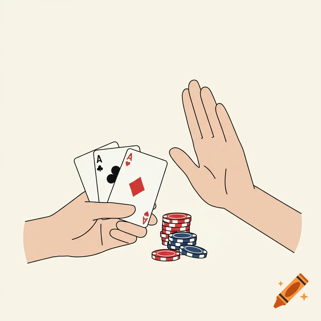 Simple illustration of one hand holding poker cards and chips while another hand makes a blocking gesture.