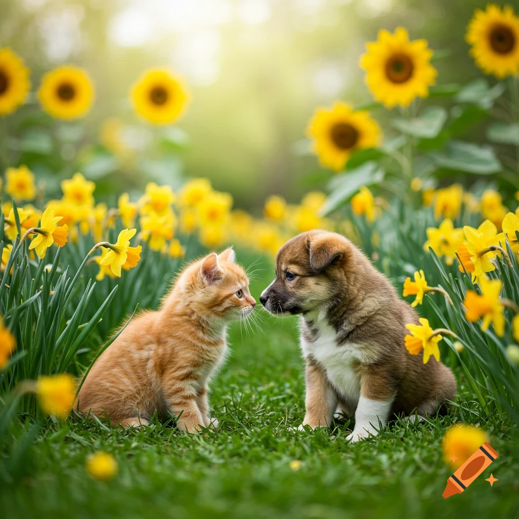 A small ginger kitten and a puppy touch noses in a field of yellow daffodils and sunflowers.