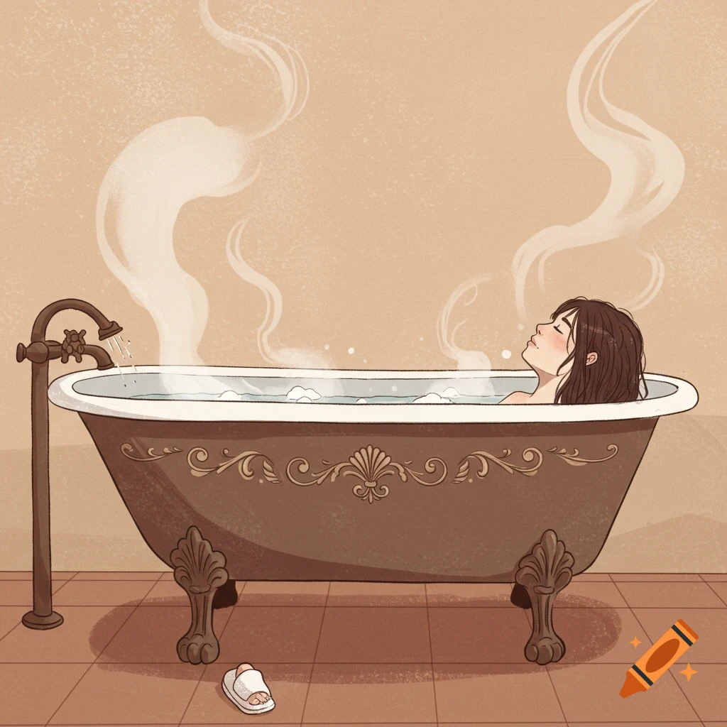 A woman relaxing in a steaming bathtub.