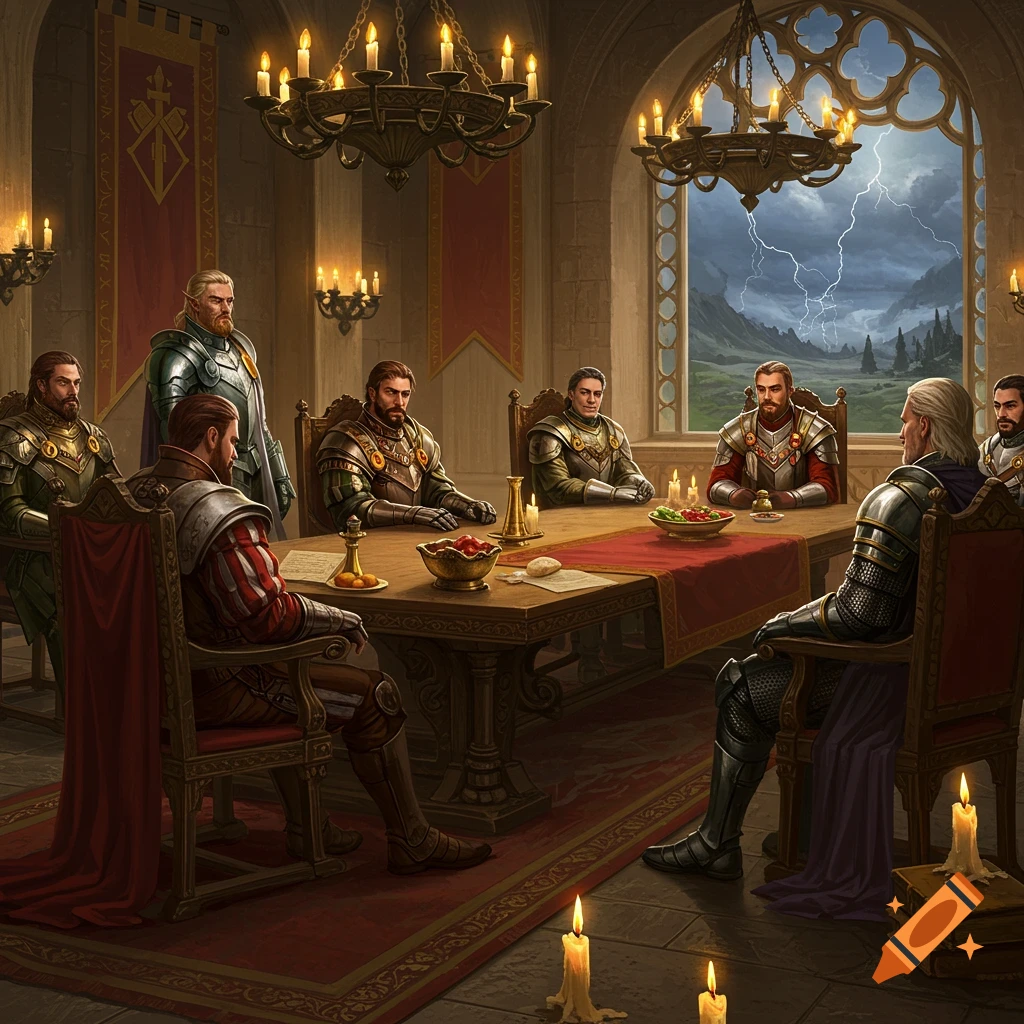 Group of armored lords sitting around a table in a hall with a stormy view outside.
