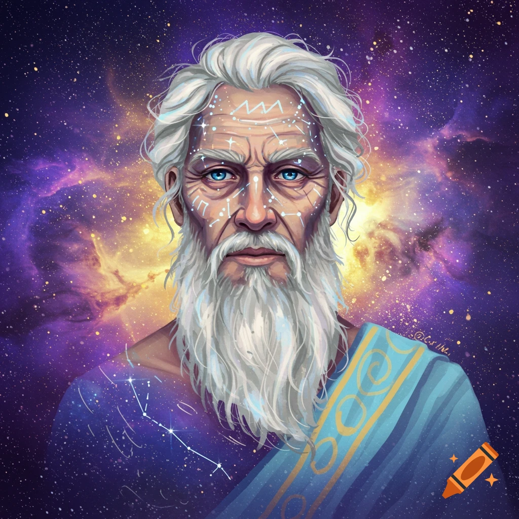 Portrait of an old man with white hair and beard, blue eyes, and constellation markings on his face and body, against a space background.
