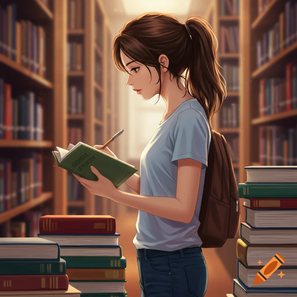 Illustration of a student reading a book in a library.