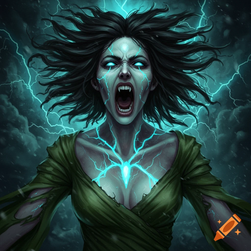 Fantasy illustration of a screaming woman with glowing eyes and energy veins during a storm.