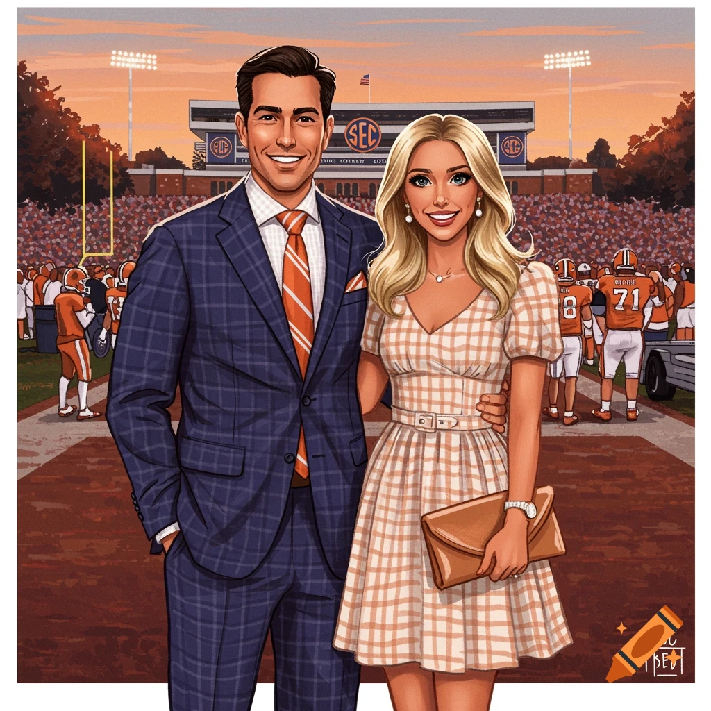 Illustration of a couple at an SEC football stadium at sunset.