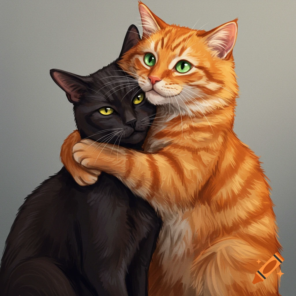 A black cat and an orange tabby cat hugging.
