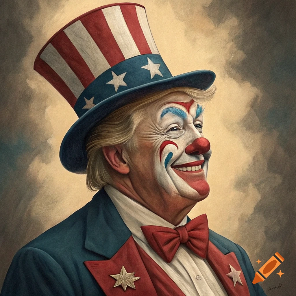 A person resembling Donald Trump in clown makeup and an Uncle Sam hat and suit, rendered in a painterly style.