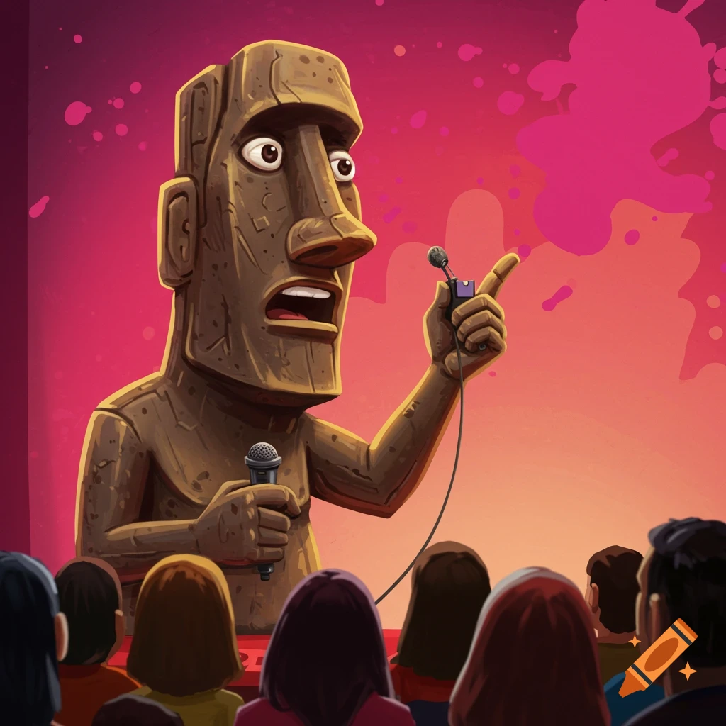 Illustration of a cartoonish Moai statue on stage holding a microphone and speaking to a seated audience