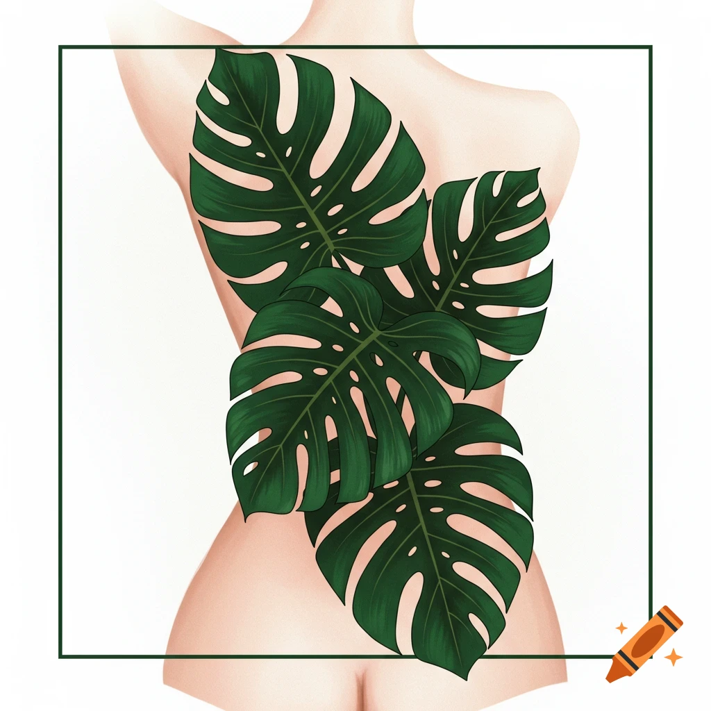 Stylized illustration of a bare back covered by large green monstera leaves within a green border.