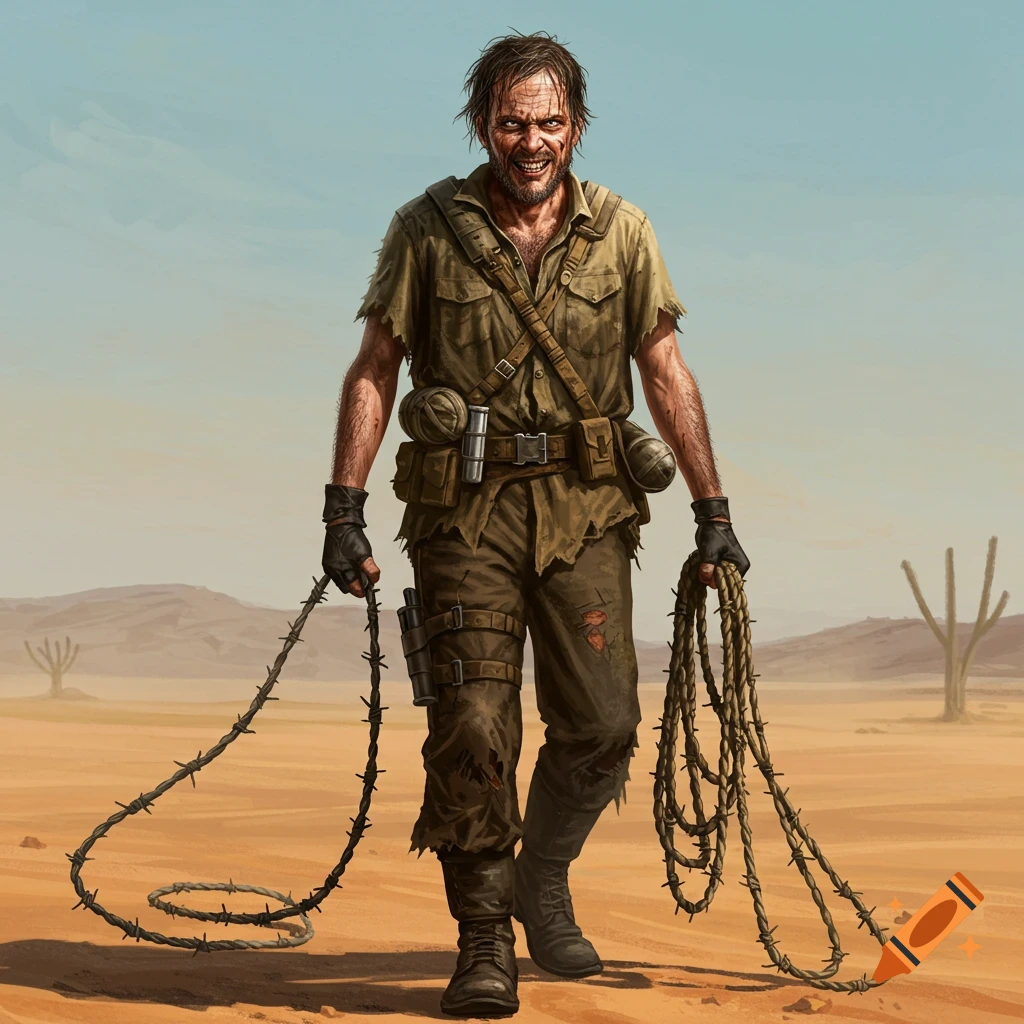 A weathered man with an evil grin holds barbed wire ropes while walking through a desert wasteland.