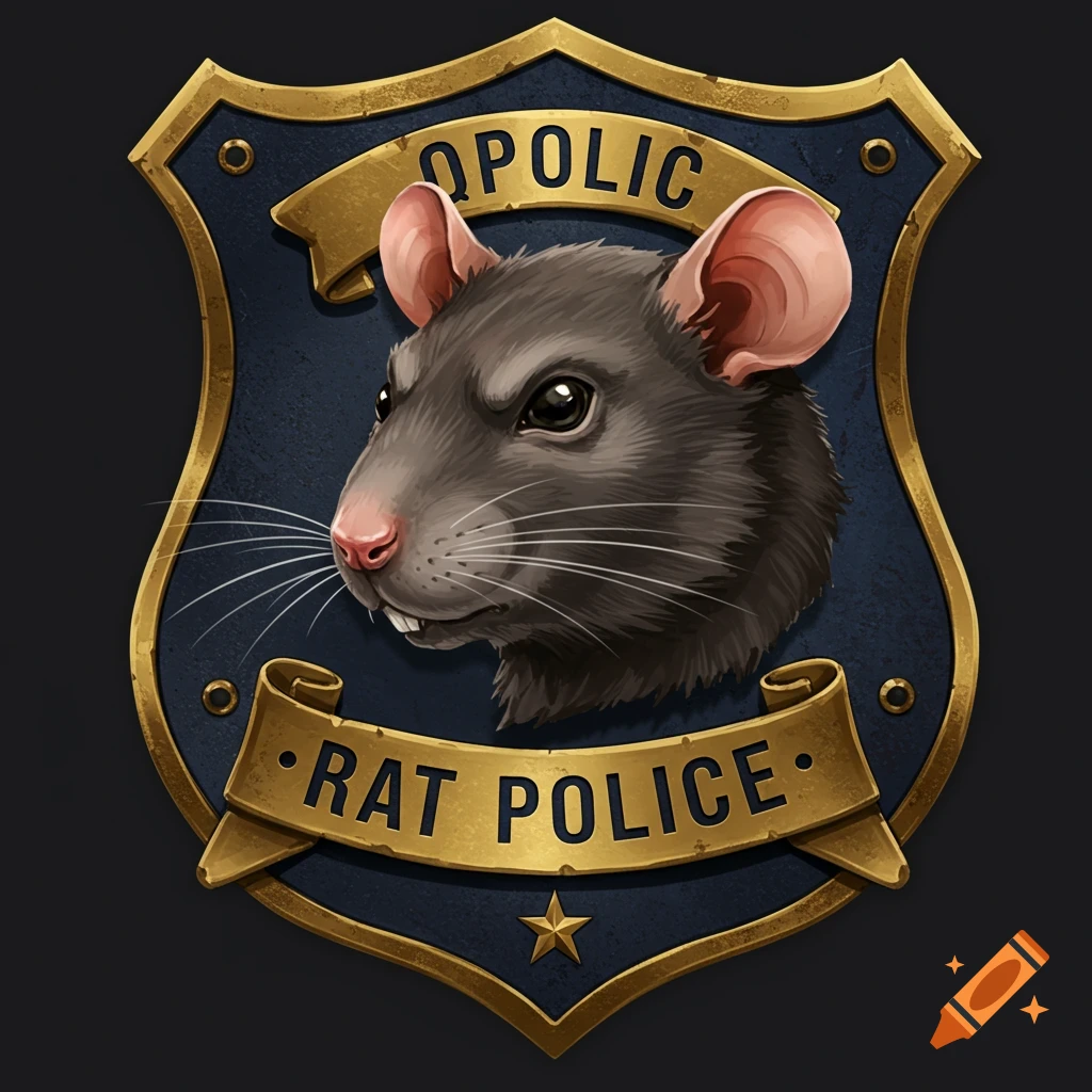 Illustration of a rat's head on a police badge.
