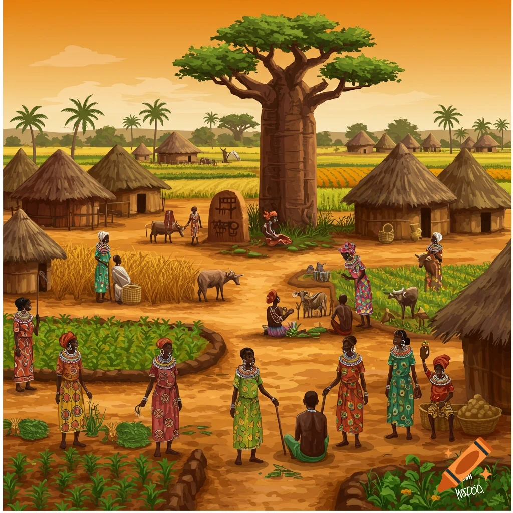 An illustration of an African village scene with people farming, huts, trees, and animals.