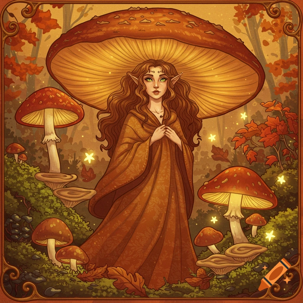 Illustration of a mushroom witch standing among large mushrooms in a forest with fall colors.