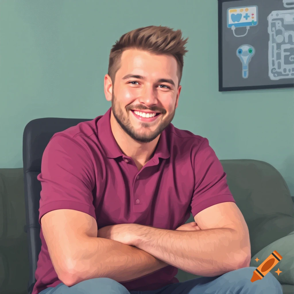 A smiling man with folded arms sits in a chair against a teal wall with diagrams on the wall.