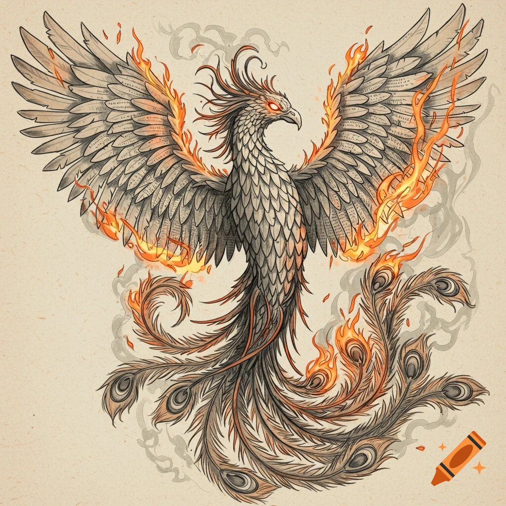Sketch of a phoenix made from burning paper or text, with fire and smoke.