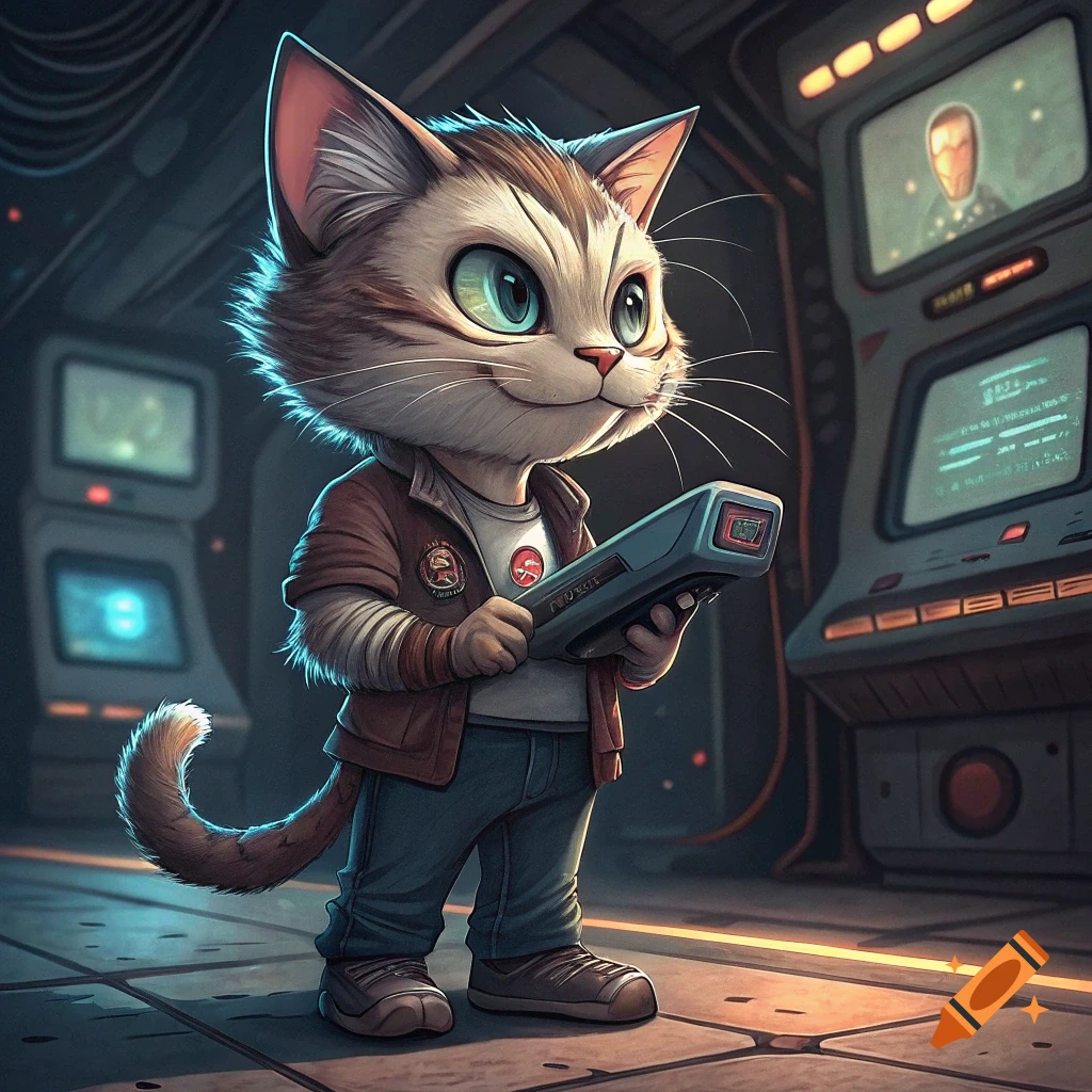 Cartoon cat in a brown jacket and jeans holding a device in a futuristic room.
