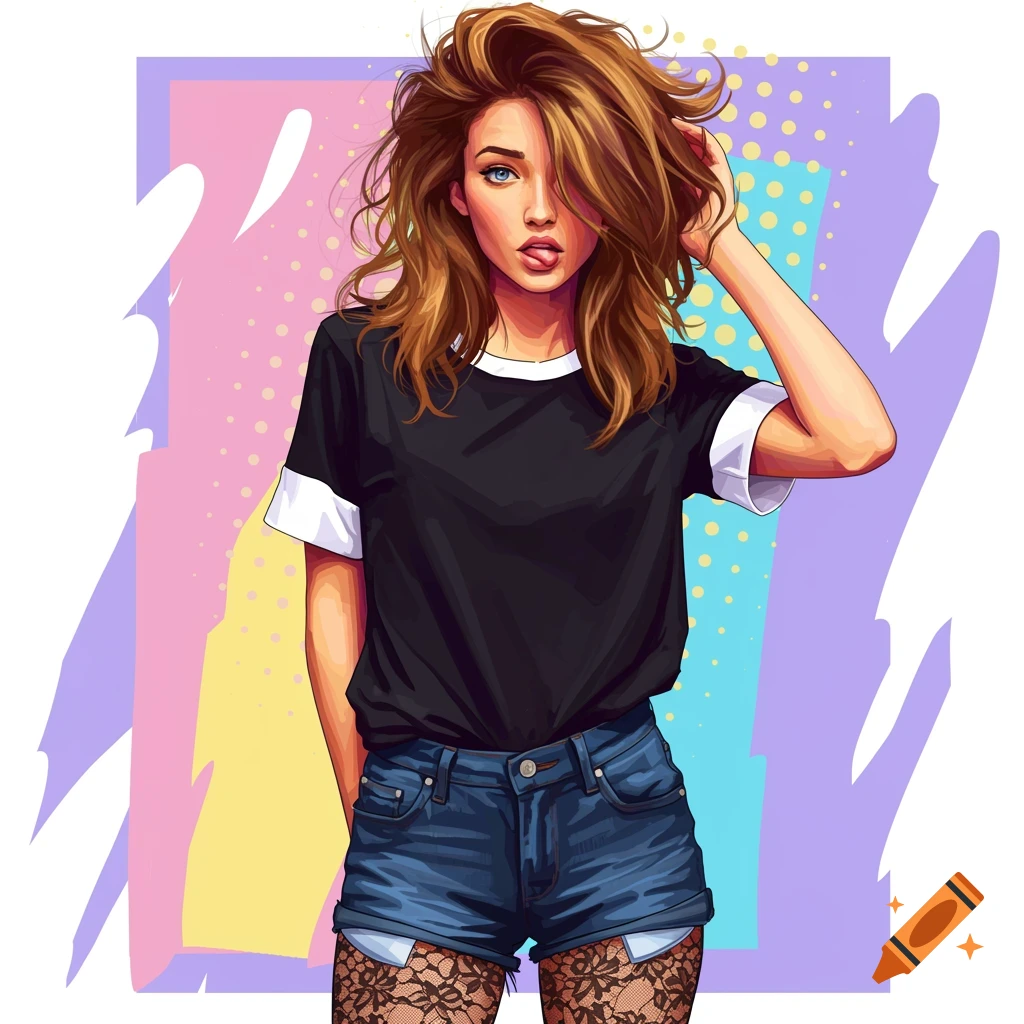 Stylized illustration of a girl in a black shirt, denim shorts, and lace leggings.
