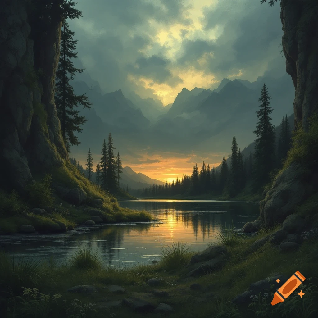 A serene lake surrounded by mountains and pine trees under a dramatic sunset sky.