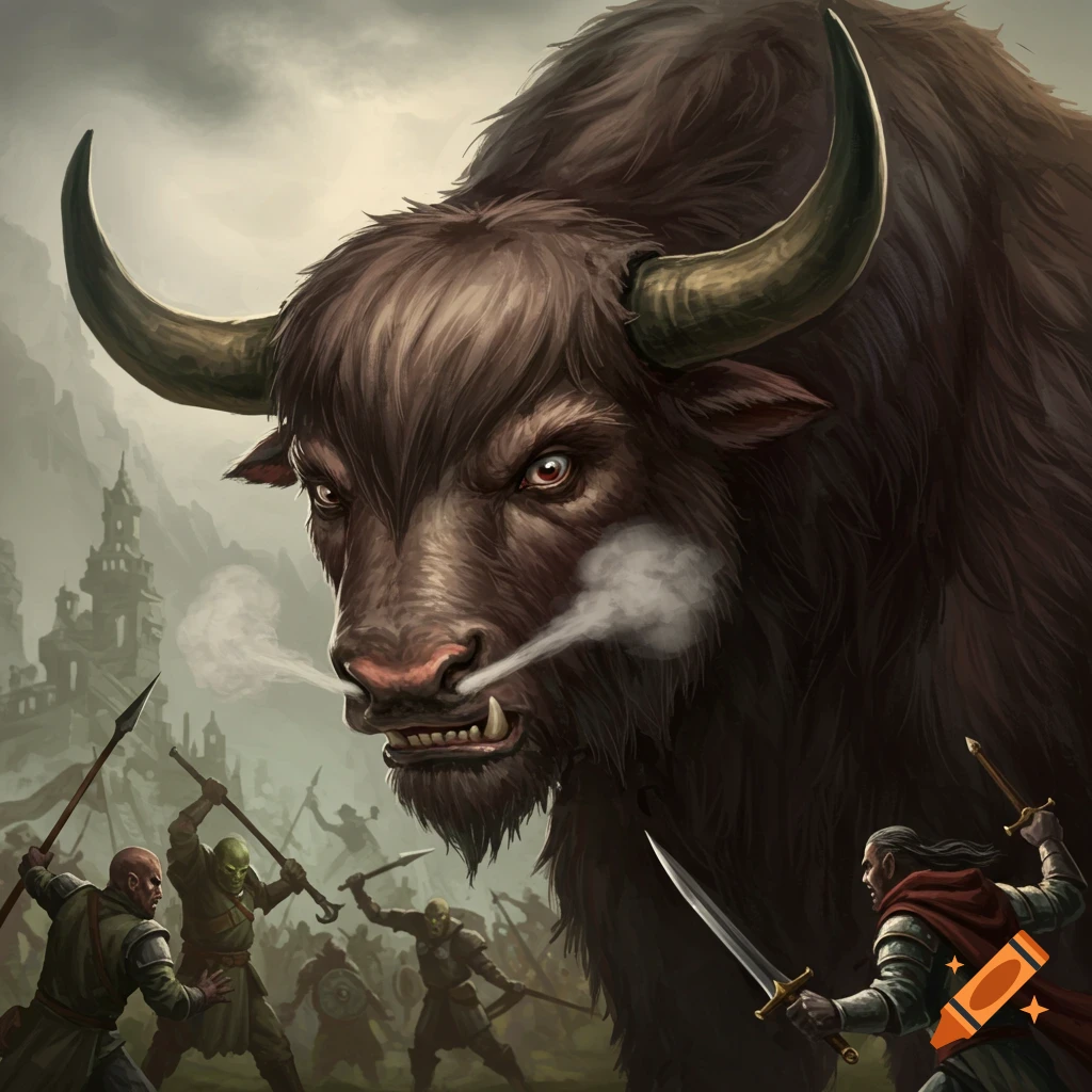 A large furry yak monster with horns faces warriors in a fantasy battle scene with a castle.