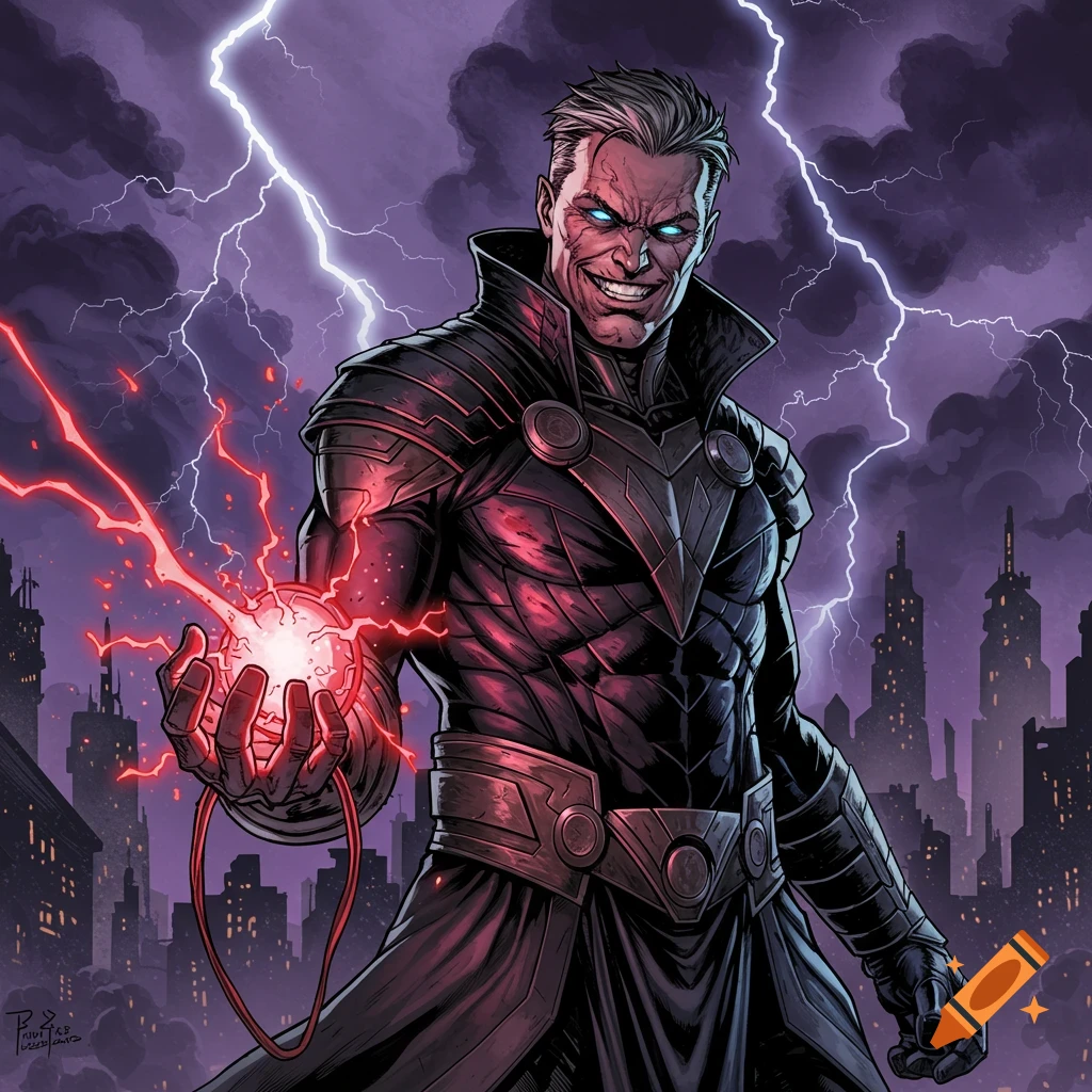 Menacing supervillain with glowing eyes holding energy orb against city and lightning background, comic art style.
