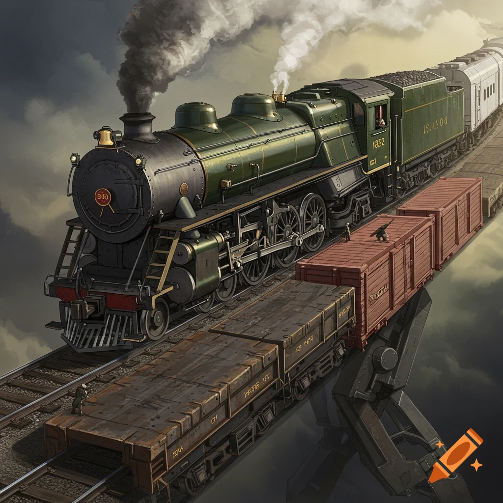 Illustrated view of a green steam train and freight cars on elevated tracks.