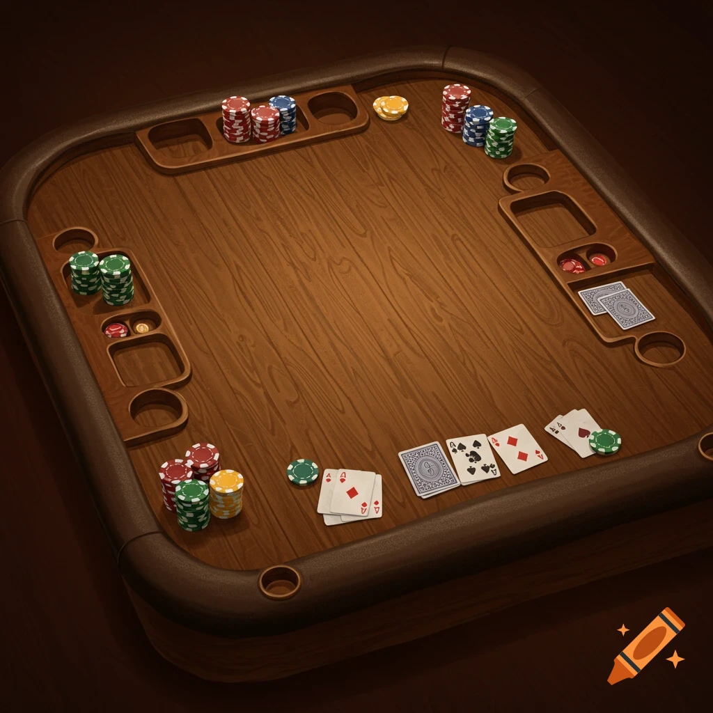 A wooden poker table with scattered chips and playing cards.