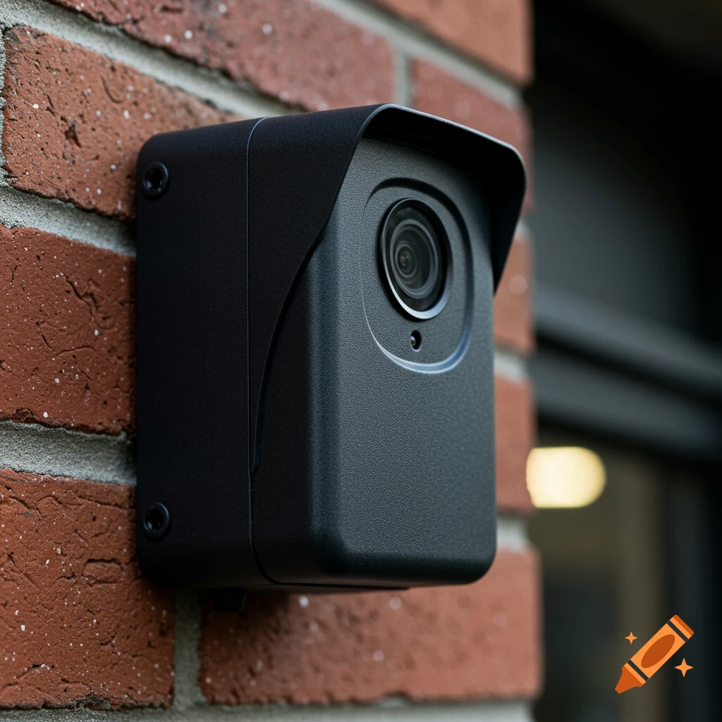 A black security camera is mounted on a red brick wall.