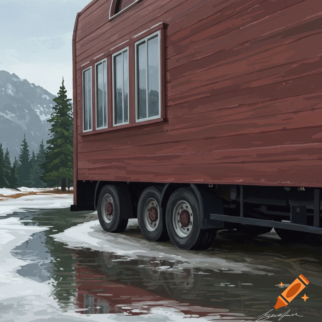 A red truck-like vehicle sits on a wet snowy road in a winter landscape with mountains and trees.