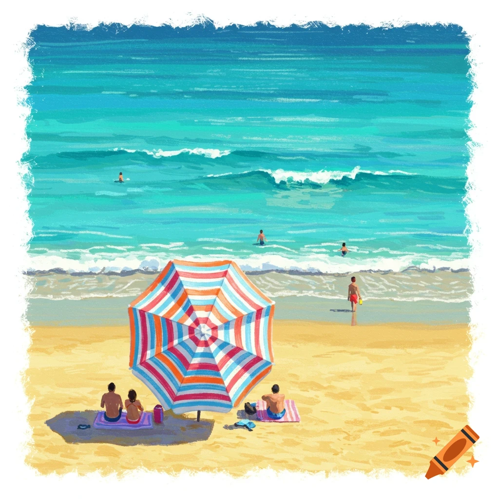 A vibrant painting of a beach scene with a colorful striped umbrella, people relaxing on towels, and swimmers in the turquoise ocean.