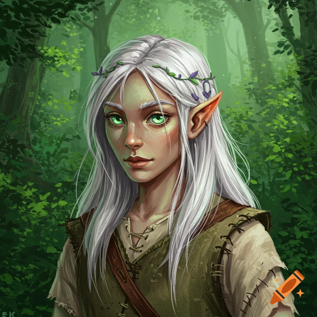 A fantasy portrait of an elf with white hair and green eyes in a forest.